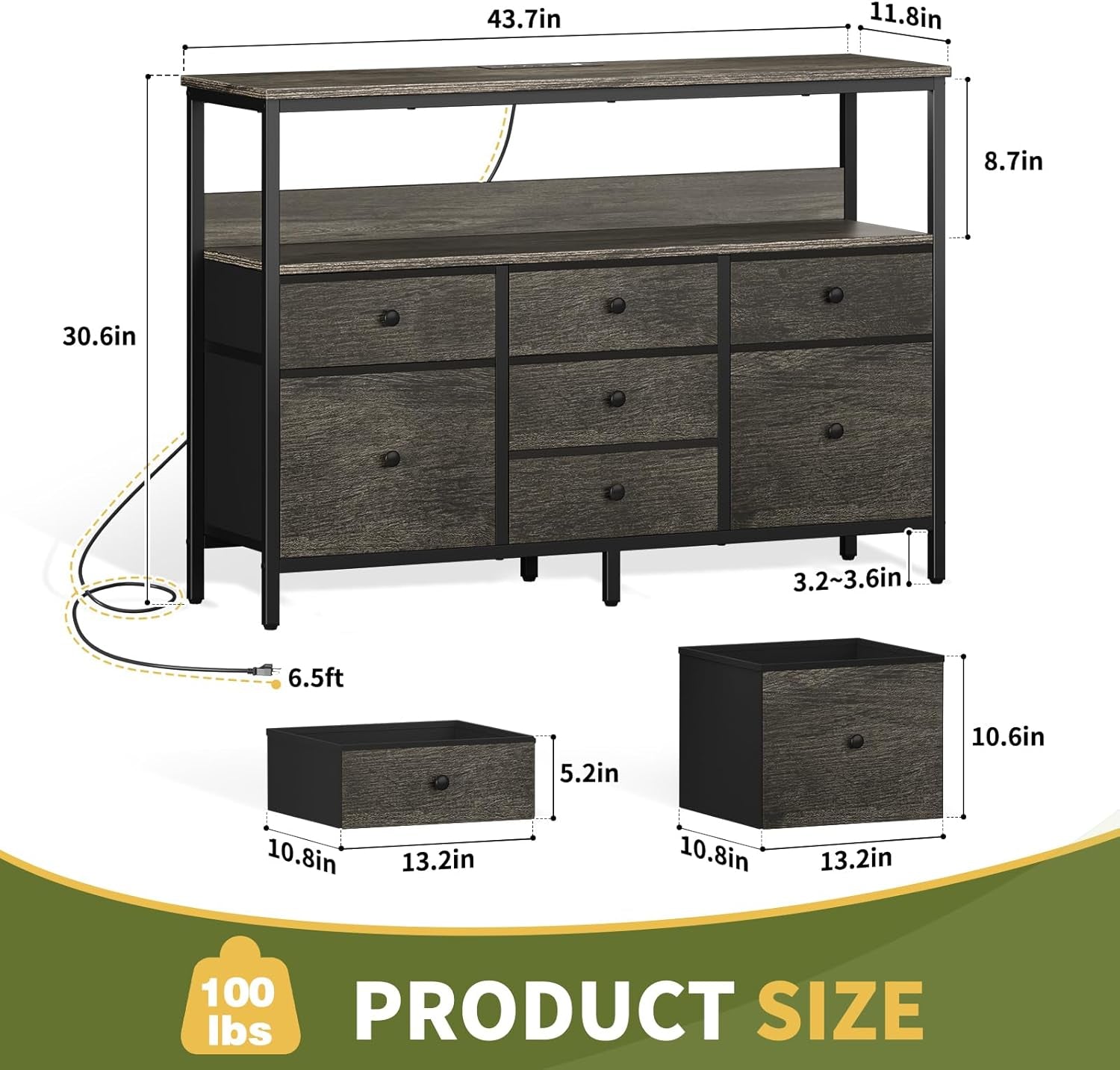 TV Stand Dresser for Bedroom, 7 Fabric Drawers Entertainment Center, LED Dressers with Power Outlets, TV Stands for Living Room with Storage Shelf, TV Console Entertainment Stand up to 50" TV-2