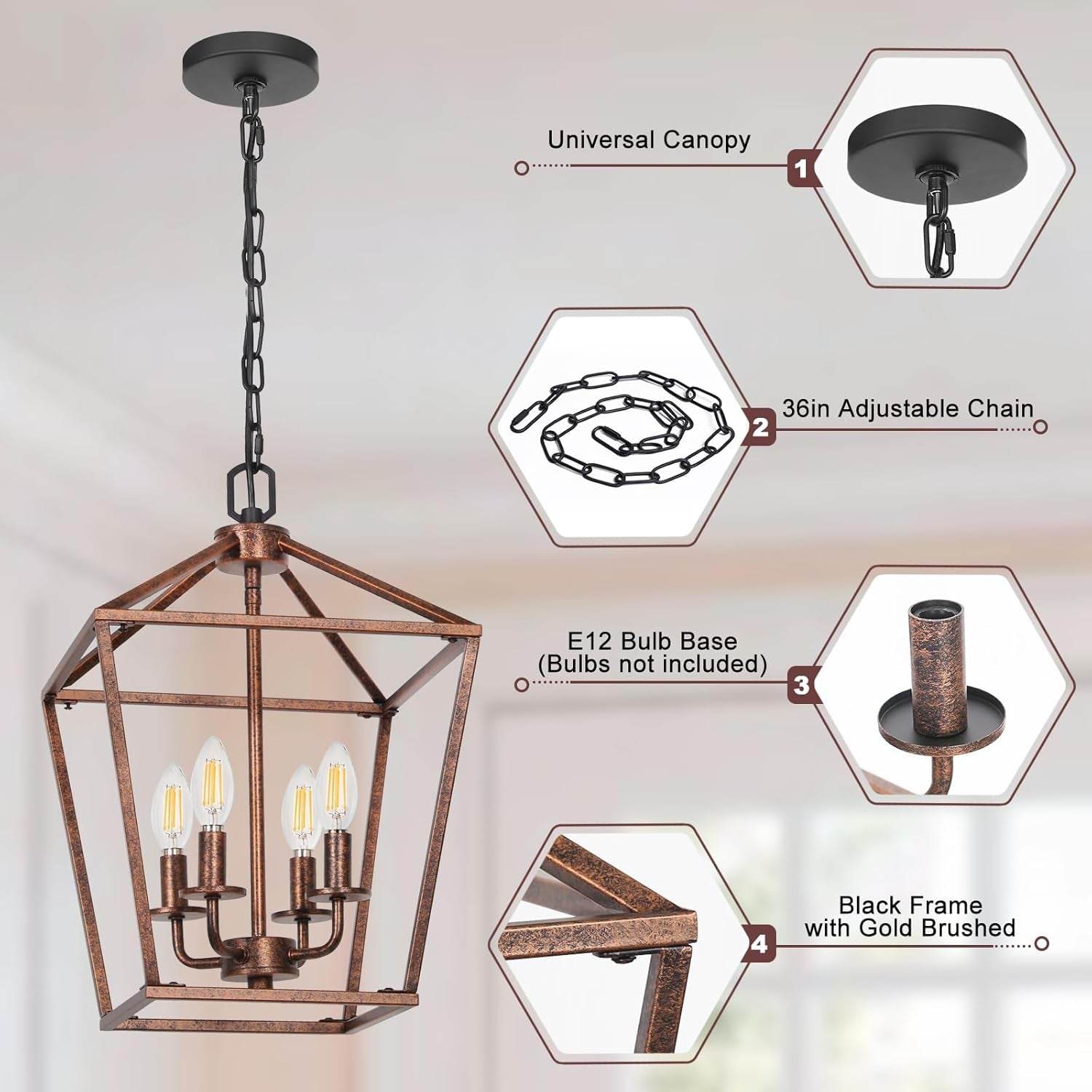 Chandelier for Dining Room, 4-Light Rustic Chandelier Fixtures, Vintage Ceiling Light with Adjustable Height, Antique Bronze Geometric Hanging Light for Bedroom, Foyer, Kitchen, Living Room, Entryway - Loft&Timber