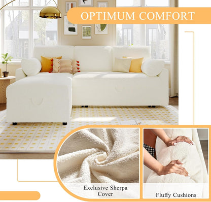 Sleeper Sofa, Sofa Bed- 2 in 1 Pull Out Couch Bed with Storage Chaise for Living Room, Sofa Sleeper with Pull Out Bed, White Boucle Couch-4