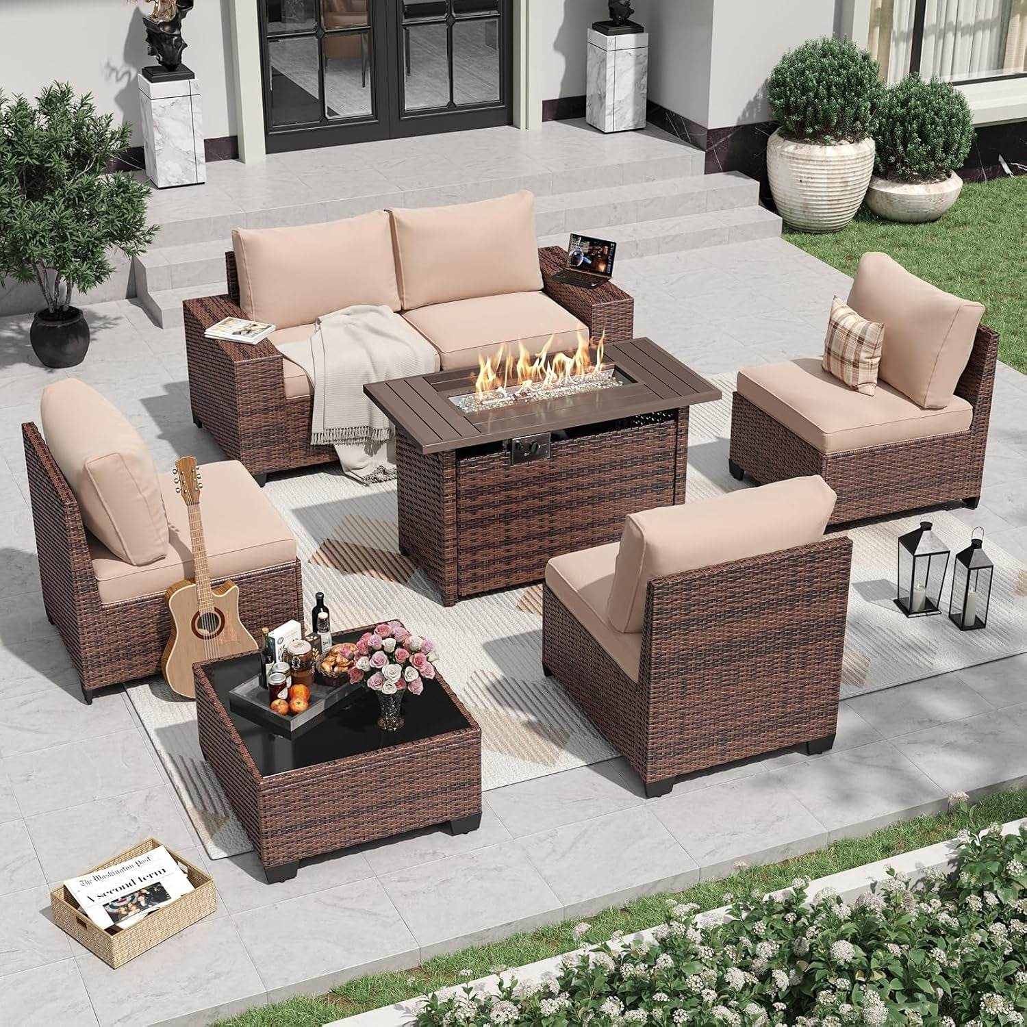 7 Piece Outdoor Wicker Furniture Set with Fire Pit - Loft&Timber