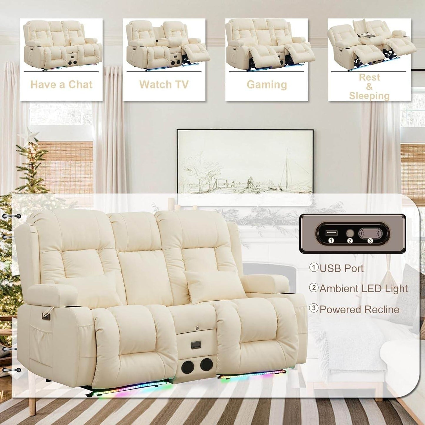Power Loveseat Recliner Sofa with Massage & Heat (Cream White) - Loft&Timber
