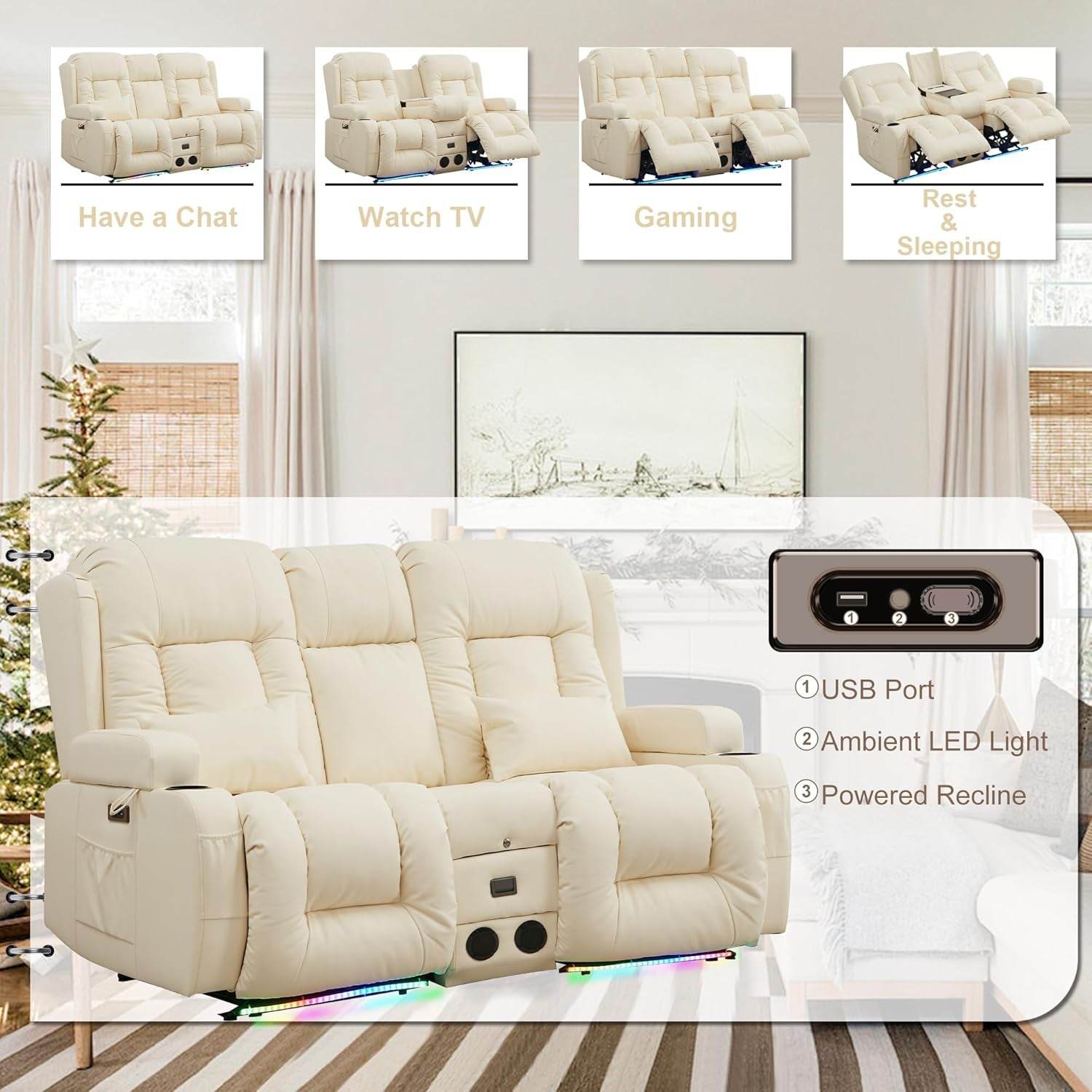 Power Loveseat Recliner Sofa with Massage & Heat (Cream White) - Loft&Timber