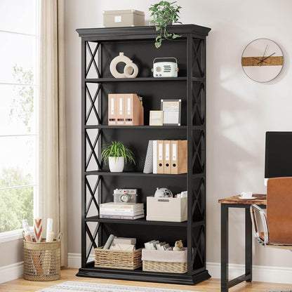 6-Tier Bookcase, 71 Inches Industrial Bookshelve, All Black - Loft&Timber