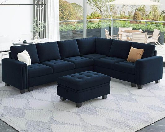 Velvet L Shaped Sofa Couch with Reversible Chaise Convertible Modular Sectional Sofa Set with Storage Ottoman Corner Sofa Set for Living Room Blue - Loft&Timber