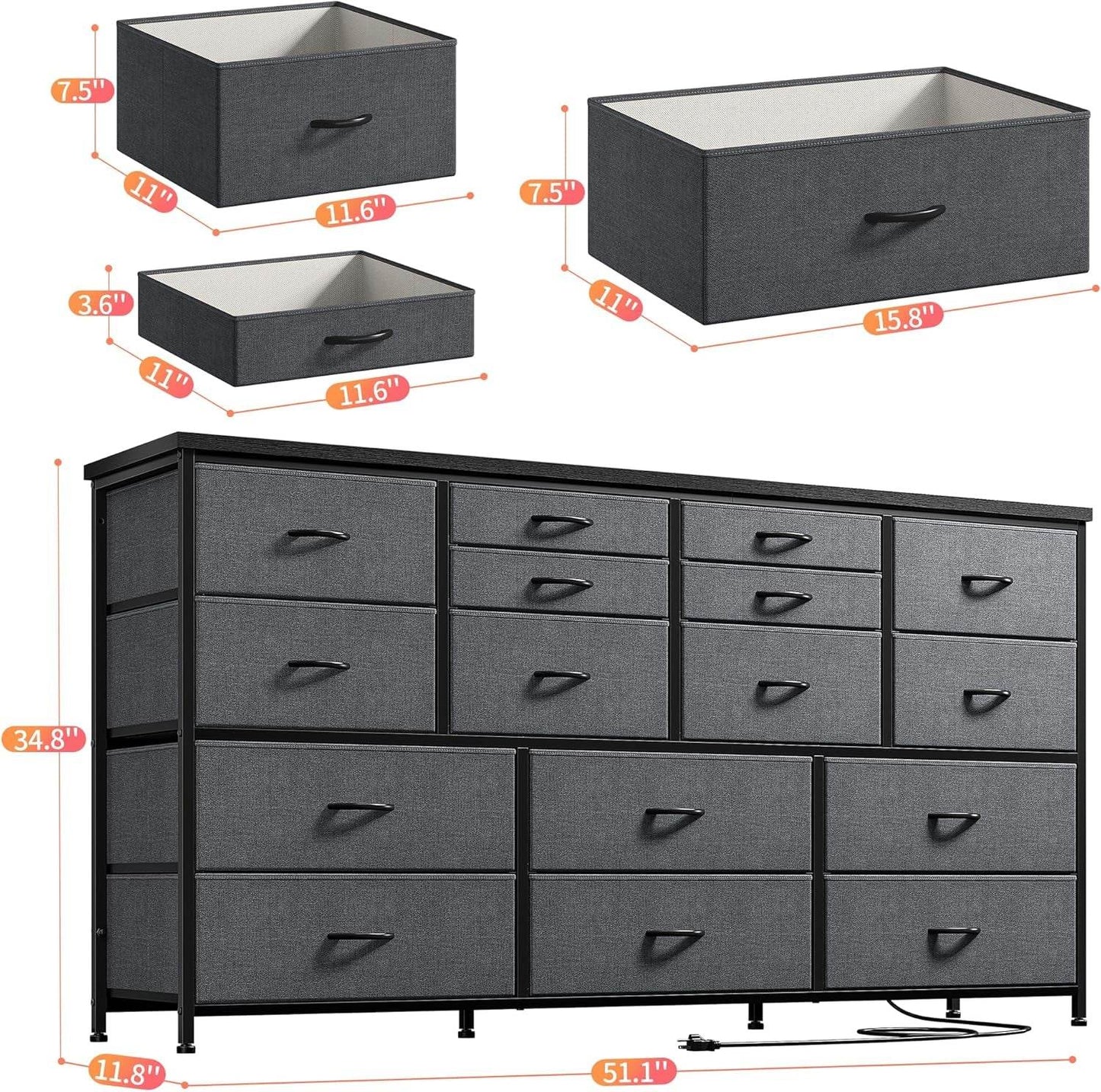TV Stand Dresser 60''TV Stand with Charging Station, 51.1''W*11.8''D*34.8''H - Loft&Timber