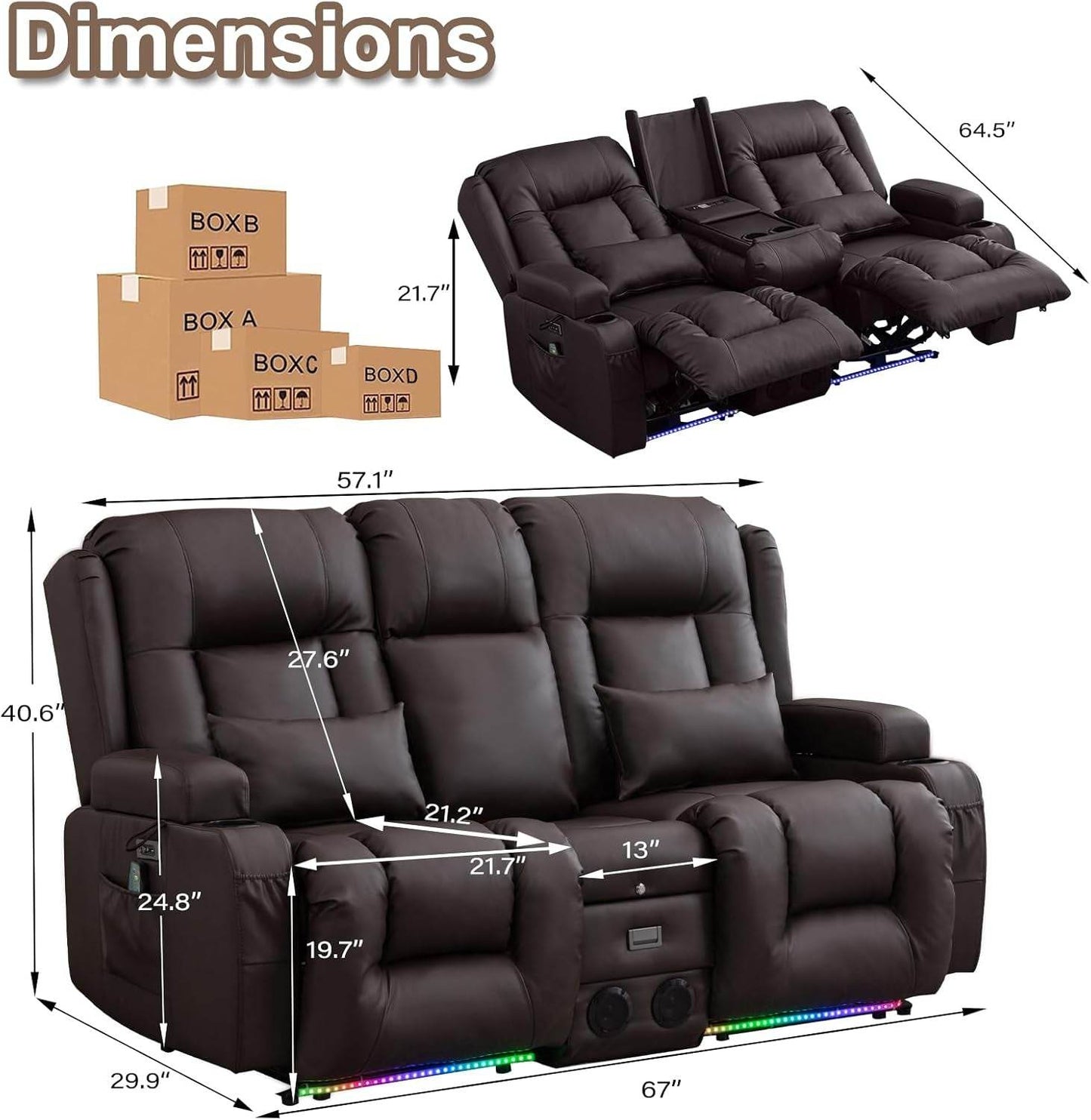Power Loveseat Recliner Sofa with Massage & Heat (Brown, Loveseat) - Loft&Timber