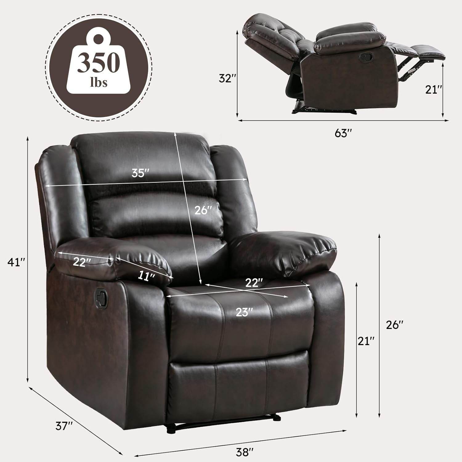 Manual Recliner Chair, Breathable Faux Leather Reclining Chairs with Overstuffed Arm and Back, Living Room Single Sofa Recliners (Dark Brown) - Loft&Timber