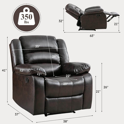 Manual Recliner Chair, Breathable Faux Leather Reclining Chairs with Overstuffed Arm and Back, Living Room Single Sofa Recliners (Dark Brown) - Loft&Timber