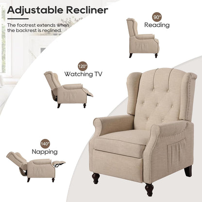 Wingback Recliner Chair with Massage and Heat, Tufted Fabric Push Back Recliner Chair for Living Room, Vintage Wingback Chair with Remote Control, Padded Cushion, Backrest, Wooden Legs-3