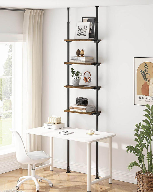 Adjustable Tall Narrow Bookshelf for Bedroom, 4-Tier Ladder Bookcase for Small Spaces, Tension Mount Tall Skinny Book Shelf with Open Storage, 64 to 113Inch Height-0