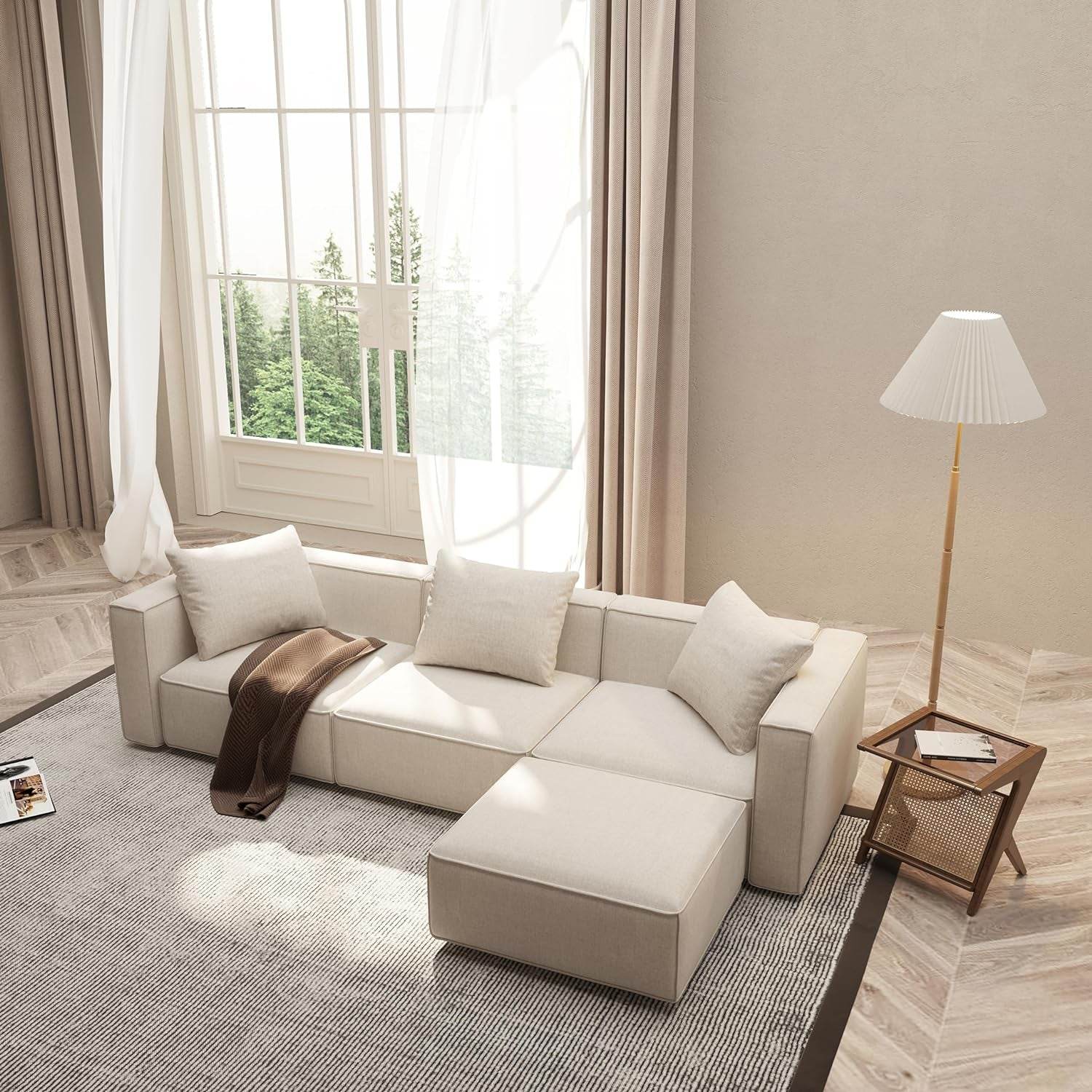 Luxury Modular Sectional Living Room Sofa Set, with Ottoman and Chaise, L-Shape, Cream - Loft&Timber