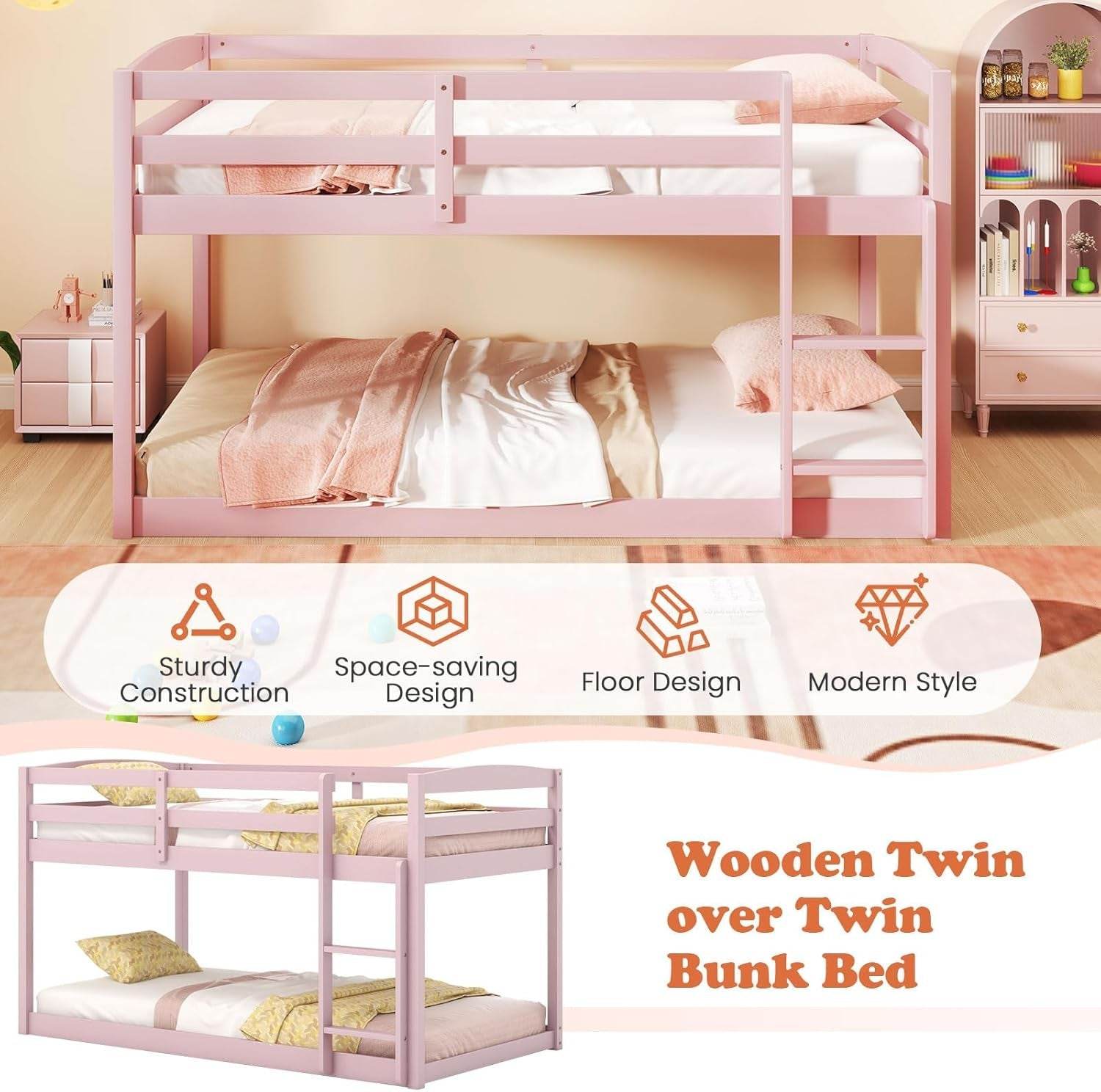 Low Bunk Bed, Solid Wood Bunk Beds Twin over Twin with Ladder, Space Saving Bunkbeds Frame W/Full Guardrails, Twin Floor Bunk Beds for Kids Boys Girls Teens, No Box Spring Needed (Pink) - Loft&Timber