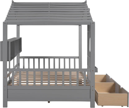 Kids Full Playhouse Bed with Drawers Shelves - Loft&Timber