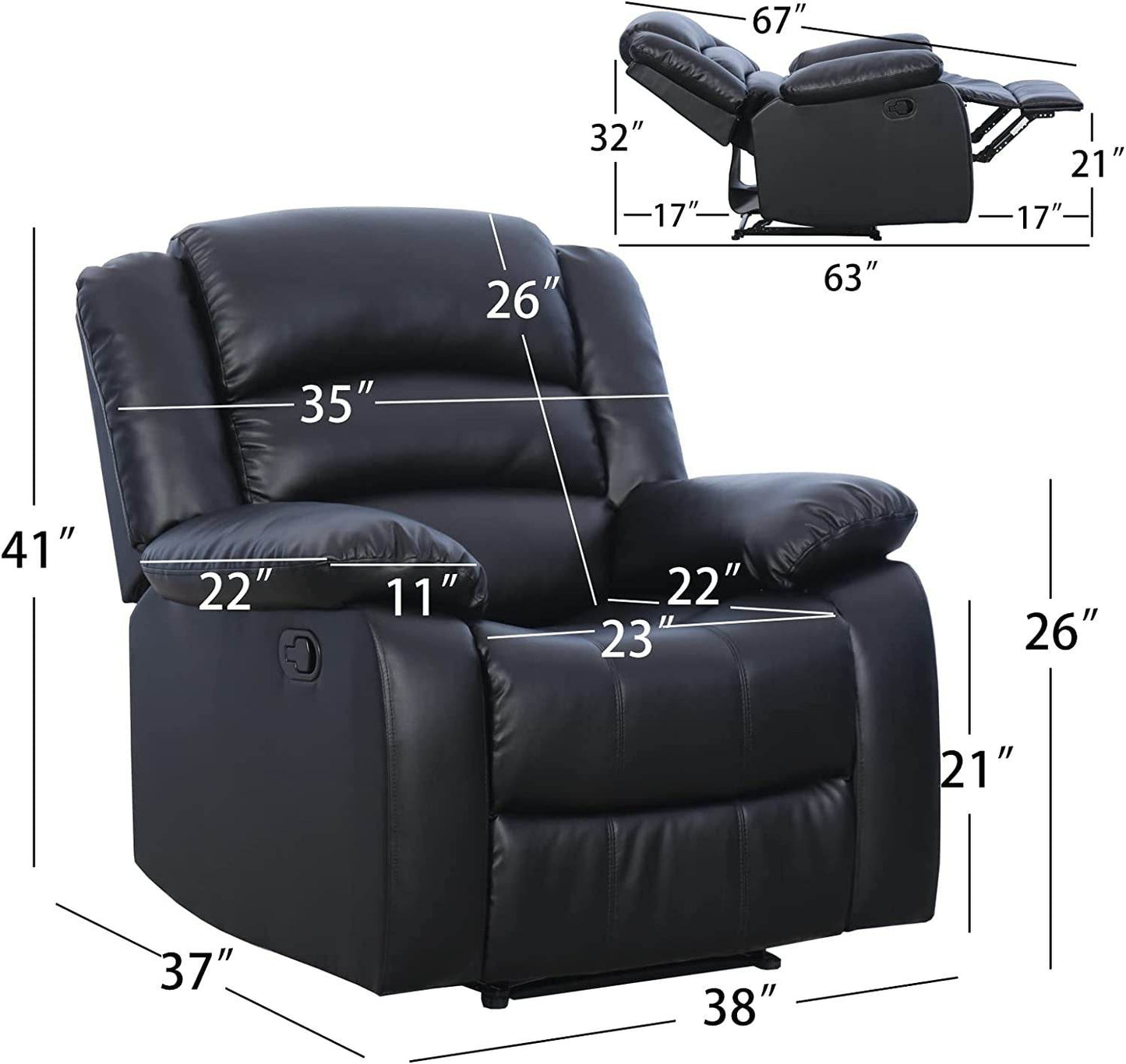 Black Recliner Chair with Overstuffed Arm and Back - Loft&Timber