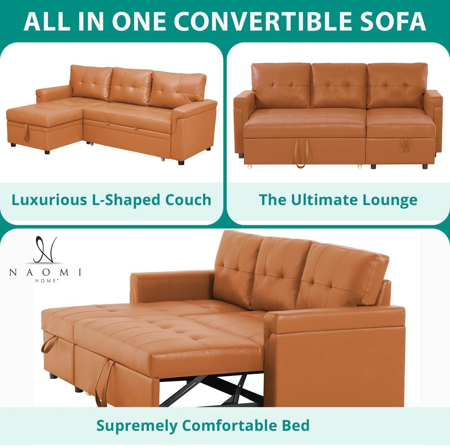 Caramel Air Leather Tufted L-Shape Sleeper Sofa Storage - Loft&Timber