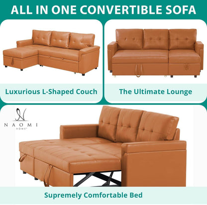 Caramel Air Leather Tufted L-Shape Sleeper Sofa Storage - Loft&Timber