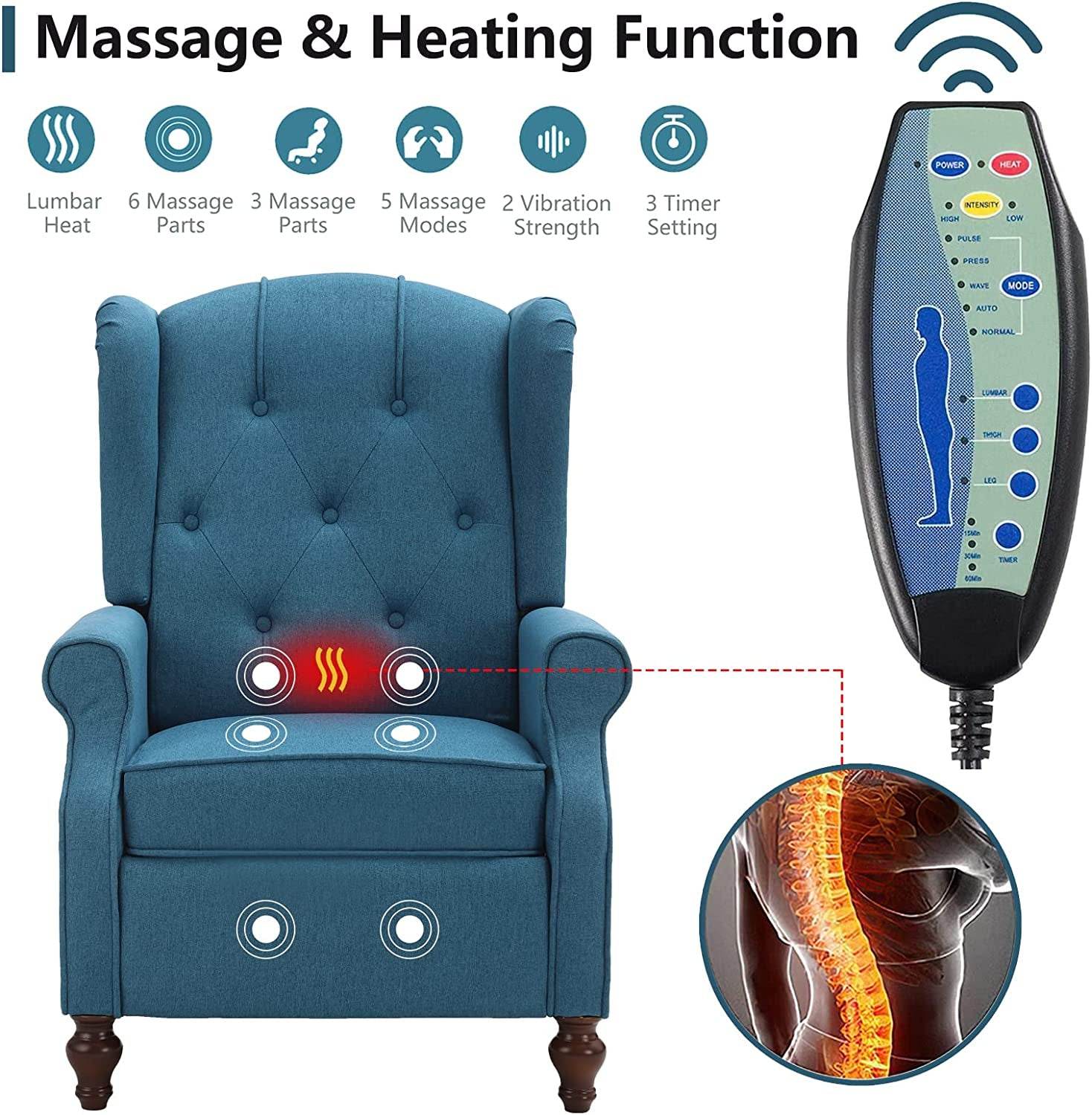 Wingback Recliner Chair with Massage and Heat (Vintage) - Loft&Timber