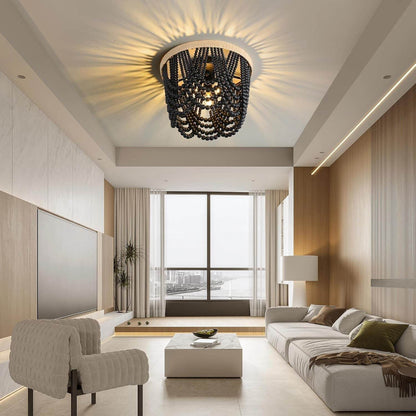 Bohemian Lighting Bohemian Chandelier Handmade Beaded Chandelier Vintage Hemp Rope Woven Ceiling Lighting 3 Lights Wood Bead Chandelier Nursery Lighting Bedroom Ceiling Light (Black) - Loft&Timber