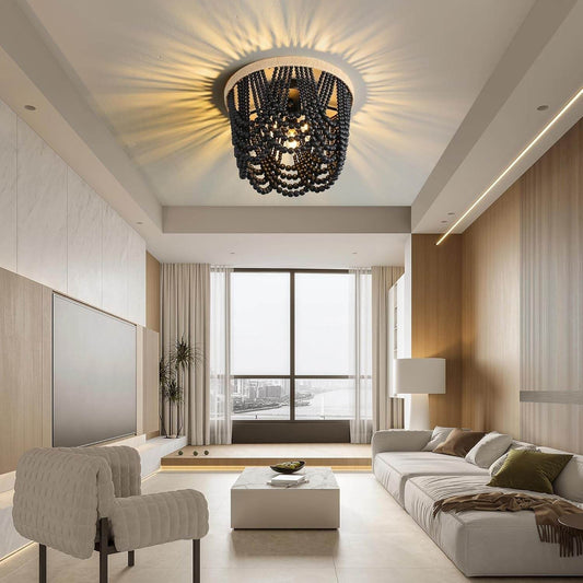 Bohemian Lighting Bohemian Chandelier Handmade Beaded Chandelier Vintage Hemp Rope Woven Ceiling Lighting 3 Lights Wood Bead Chandelier Nursery Lighting Bedroom Ceiling Light (Black) - Loft&Timber