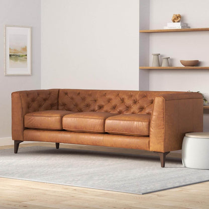 Cognac Tan Leather Sofa with Tufted Back Design - Loft&Timber