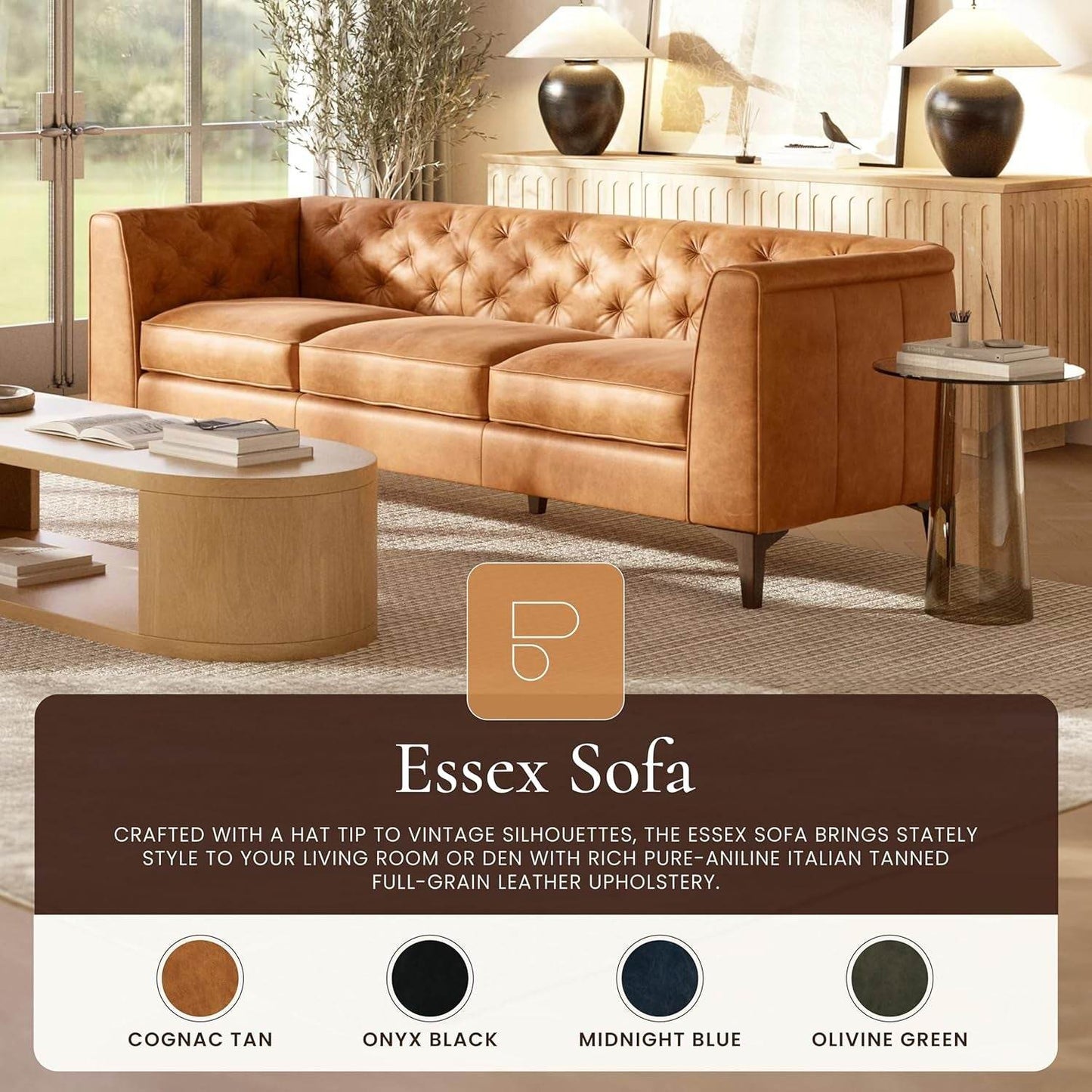 Cognac Tan Leather Sofa with Tufted Back Design - Loft&Timber