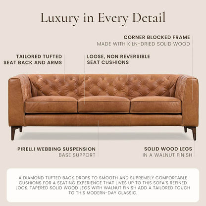 Cognac Tan Leather Sofa with Tufted Back Design - Loft&Timber