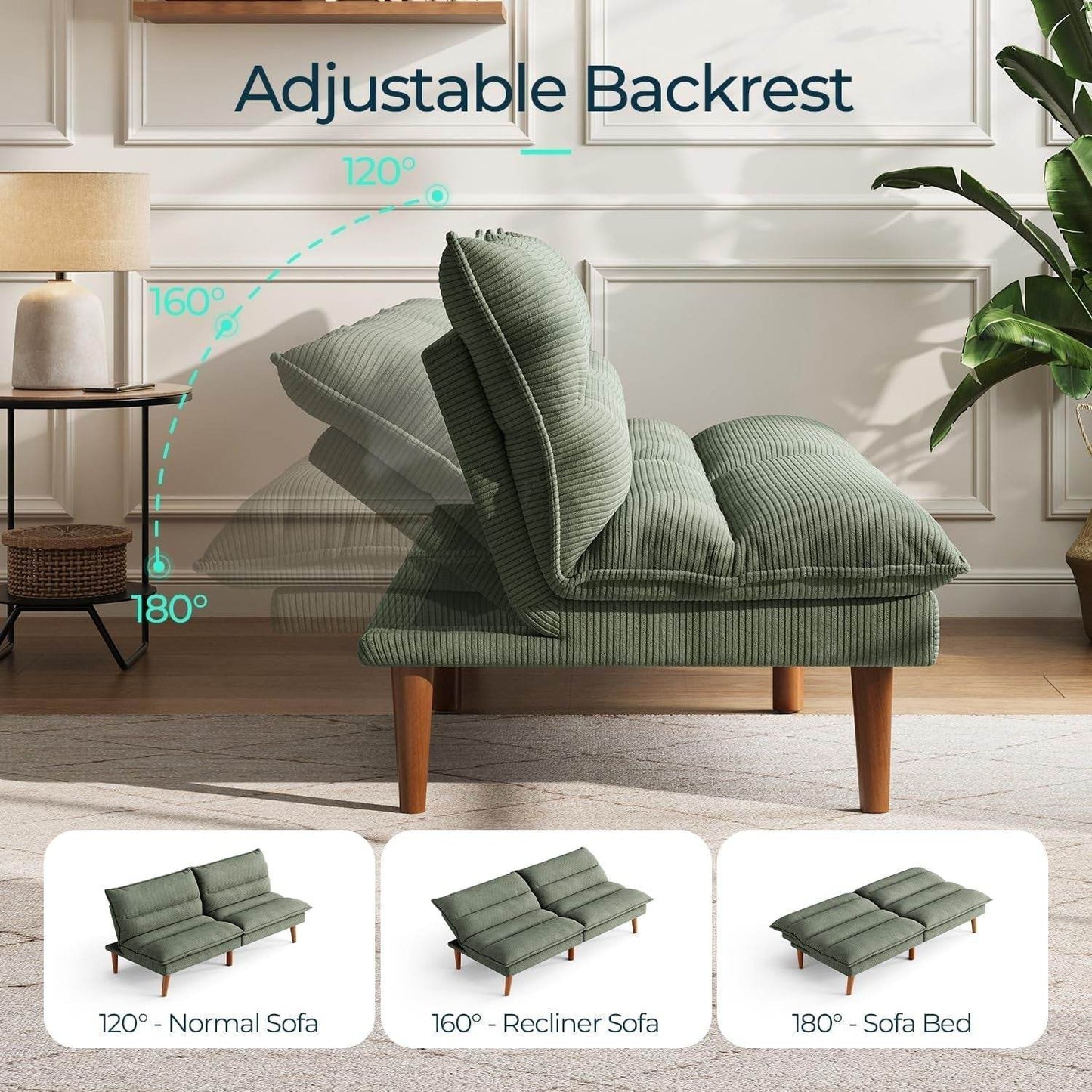 Comfortable Green Futon Sofa Bed with Adjustable Backrest - Loft&Timber