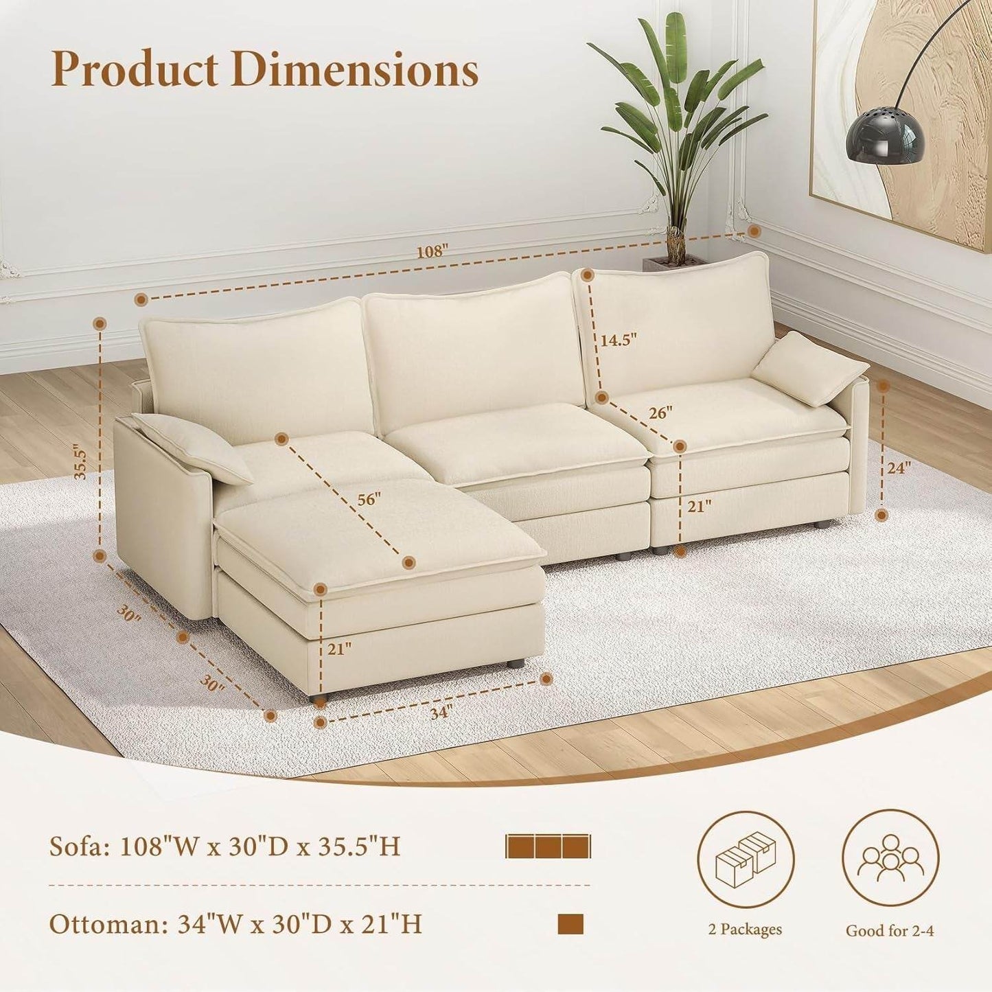 Comfy 108 Inch Modular Sectional Sofa With Ottoman - Loft&Timber