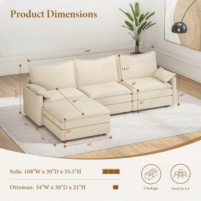 Comfy 108 Inch Modular Sectional Sofa With Ottoman - Loft&Timber