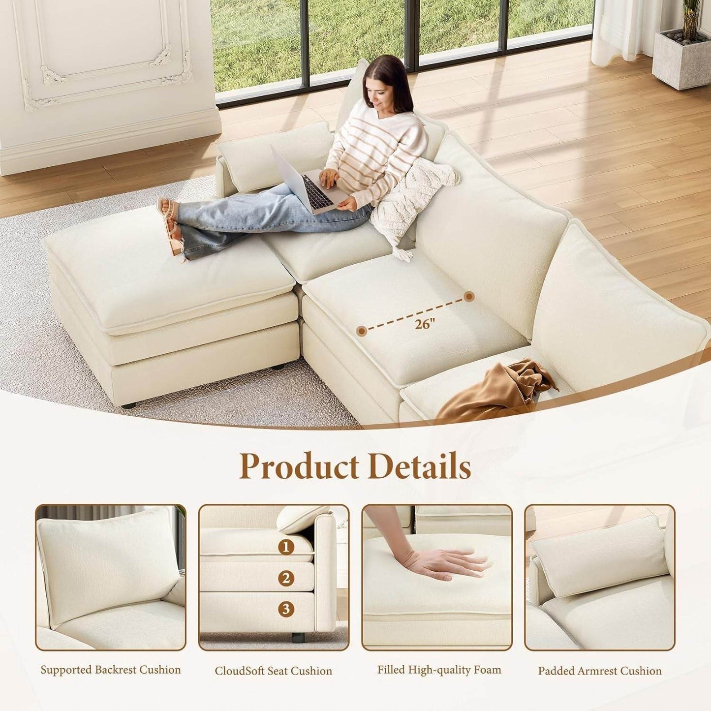 Comfy 108 Inch Modular Sectional Sofa With Ottoman - Loft&Timber