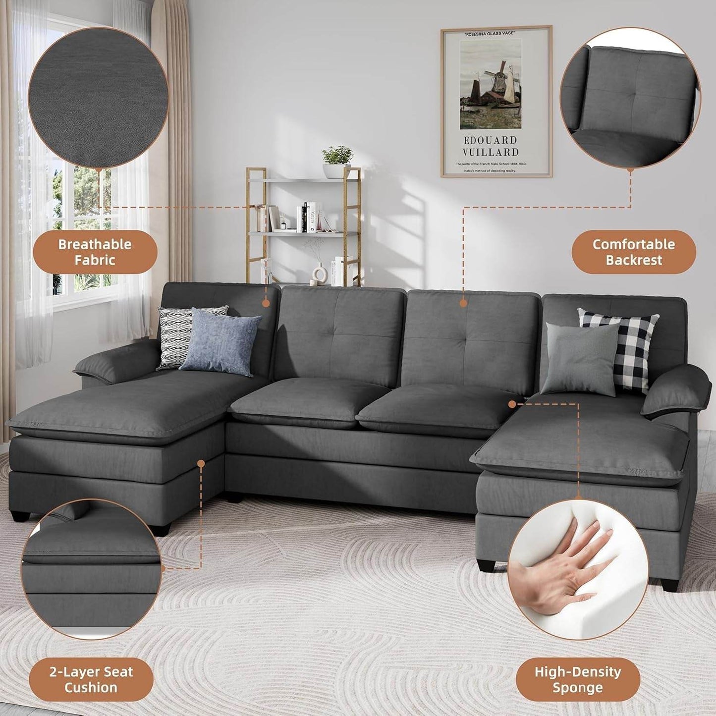 Comfy U-Shaped Sectional Couch with Chaise and Ottoman - Loft&Timber