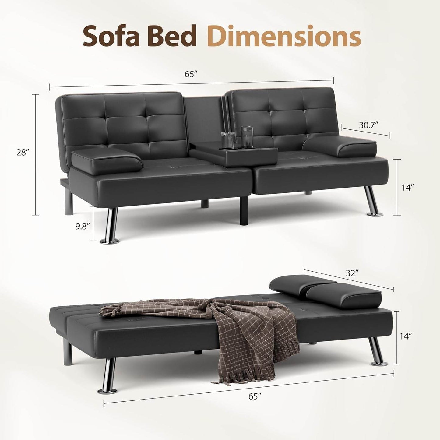 Convertible Futon Sofa Bed with Adjustable Backrest and Cup Holders - Loft&Timber