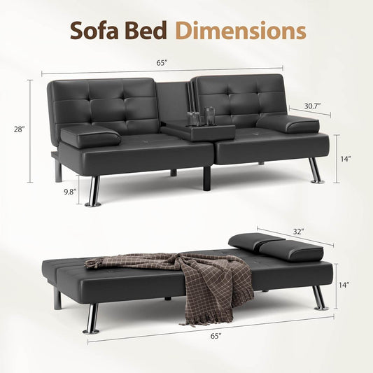 Convertible Futon Sofa Bed with Adjustable Backrest and Cup Holders-1