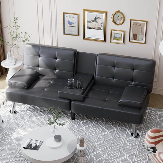 Convertible Futon Sofa Bed with Adjustable Backrest and Cup Holders-0