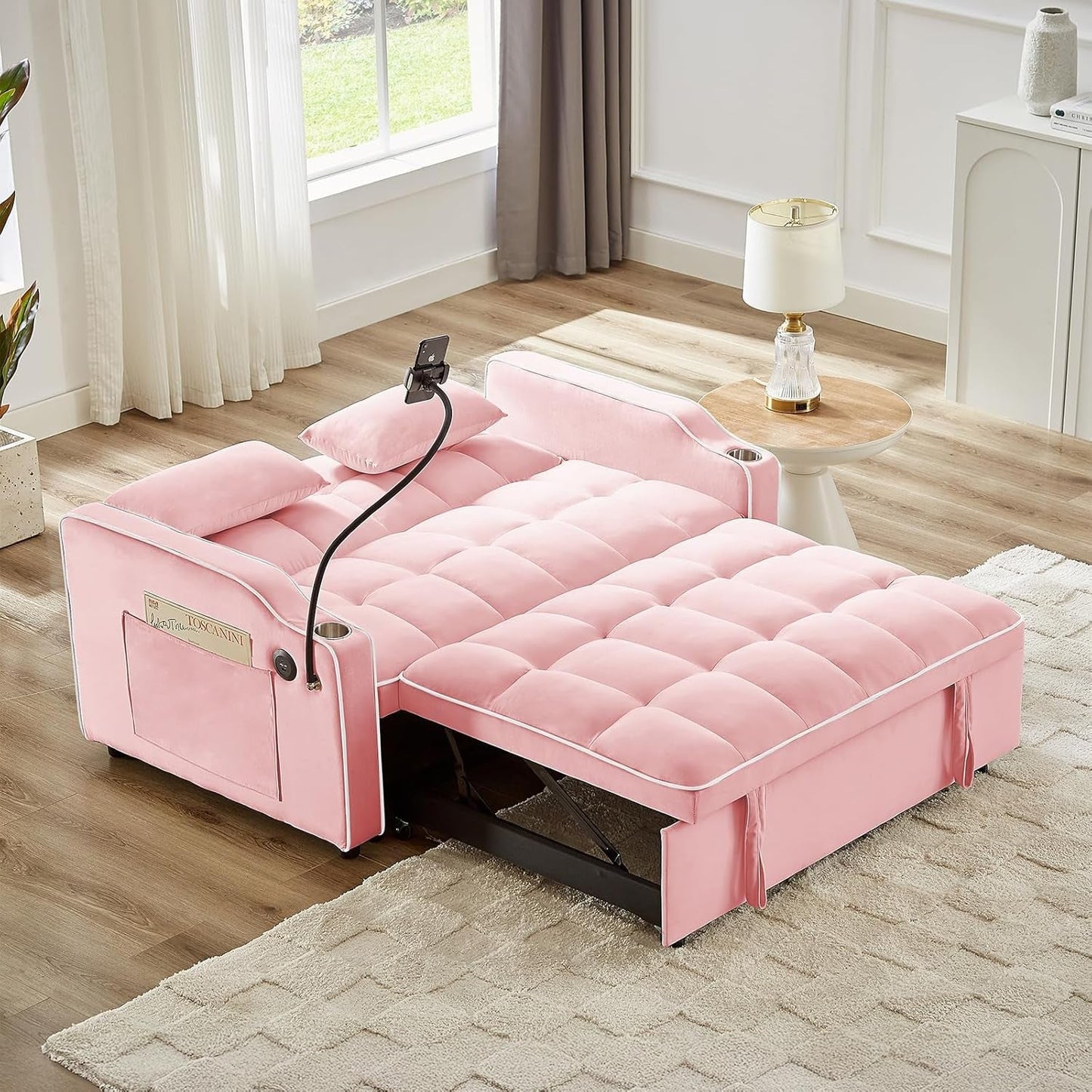 Convertible Sleeper Sofa Bed with USB Ports and Cup Holder-2