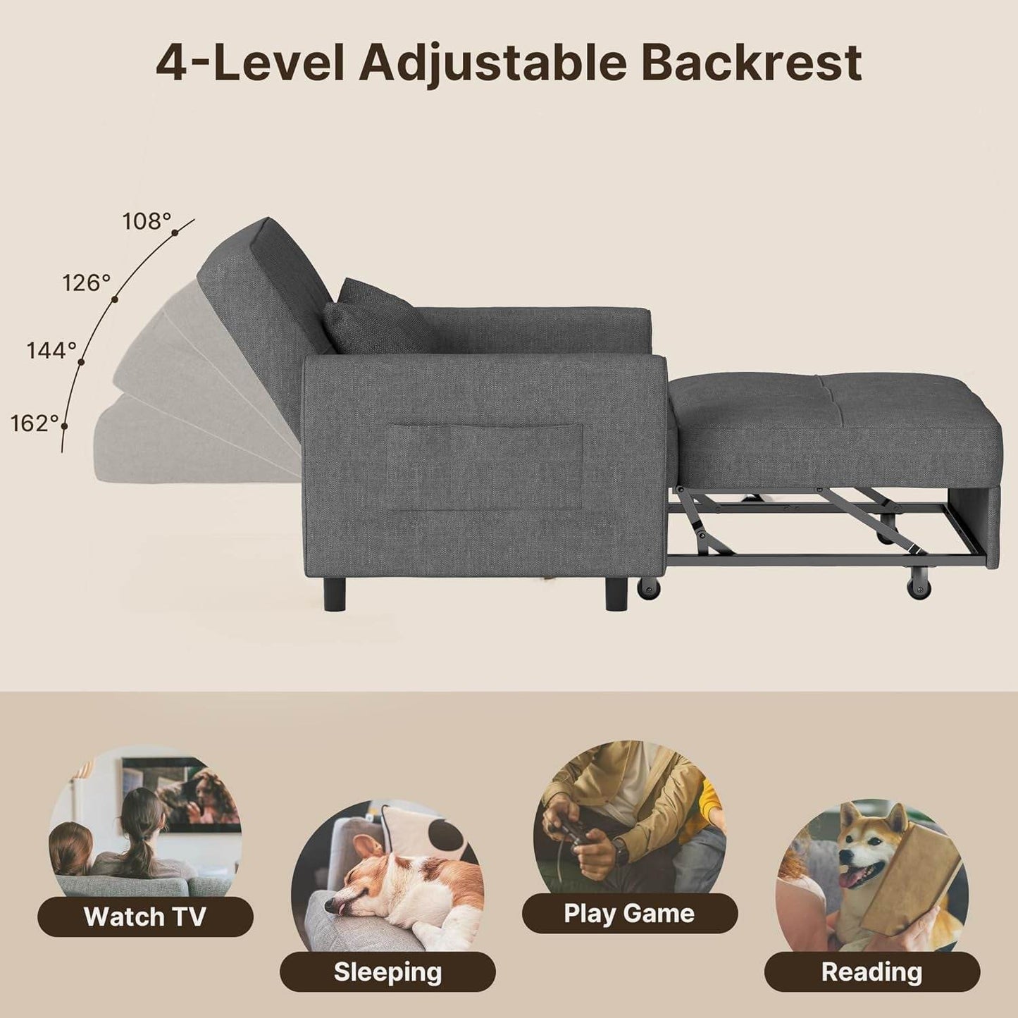 Convertible Sofa Bed Chair with Adjustable Backrest Design - Loft&Timber