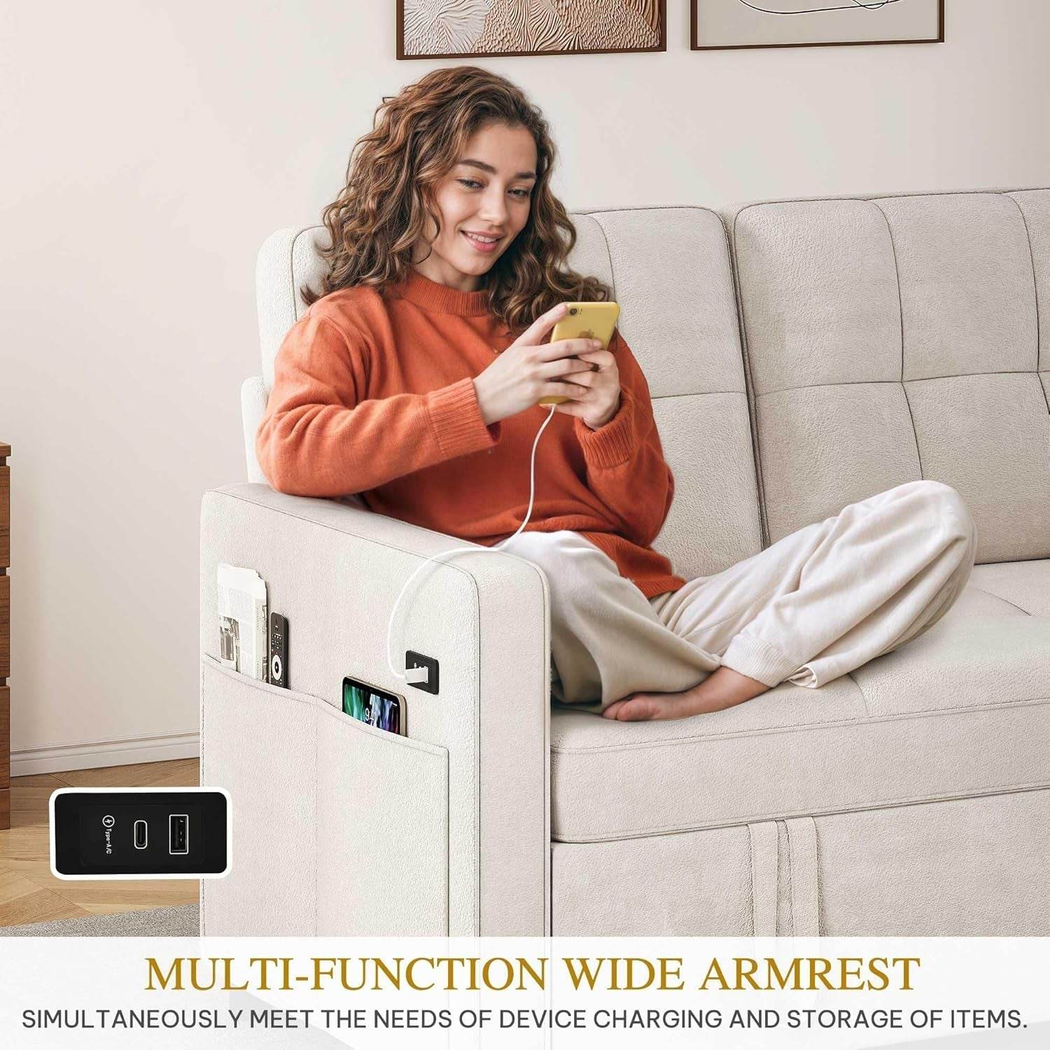 Convertible Sofa Bed with Reclining Backrest and USB - Loft&Timber