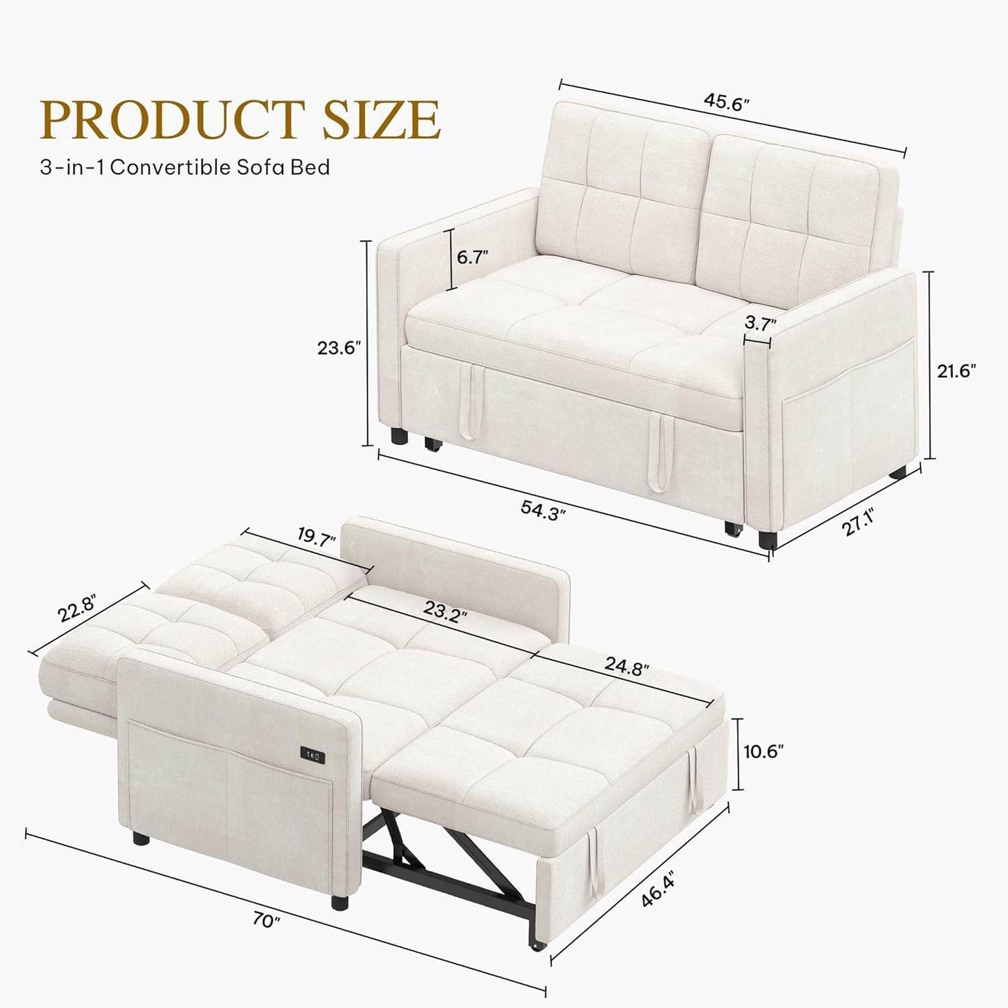 Convertible Sofa Bed with Reclining Backrest and USB - Loft&Timber