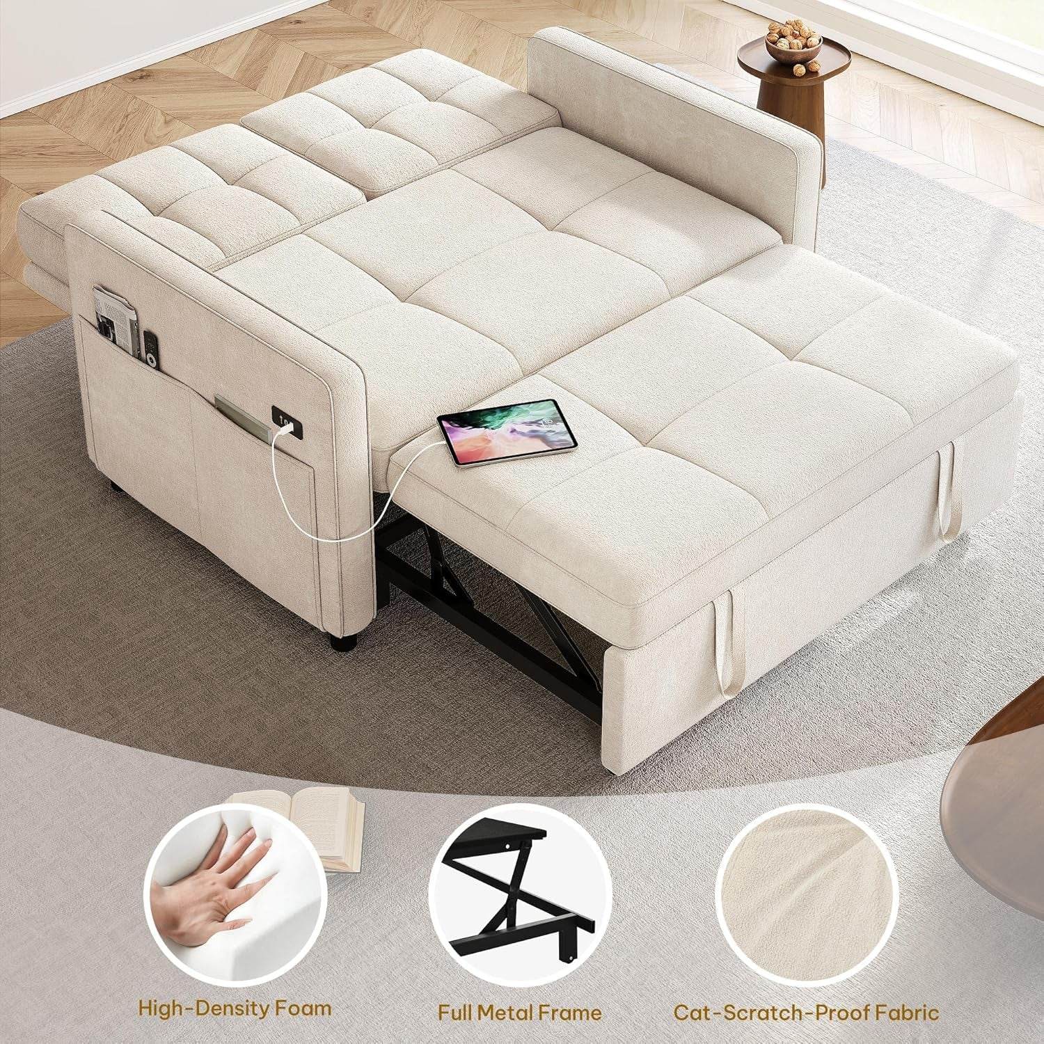 Convertible Sofa Bed with Reclining Backrest and USB - Loft&Timber