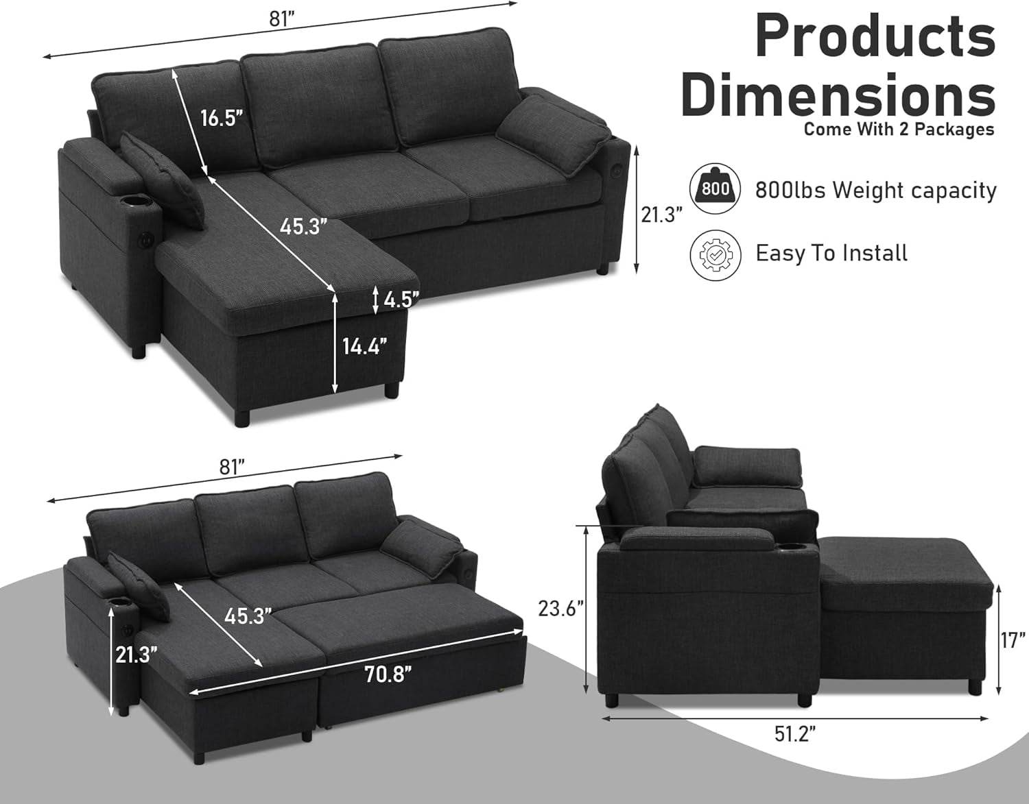 Convertible Sofa Bed with Storage and Cup Holder - Loft&Timber