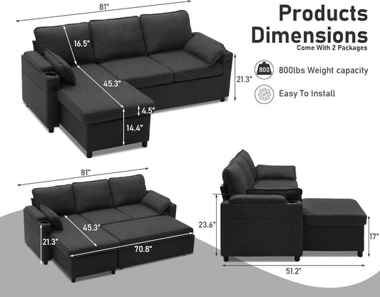 Convertible Sofa Bed with Storage and Cup Holder - Loft&Timber