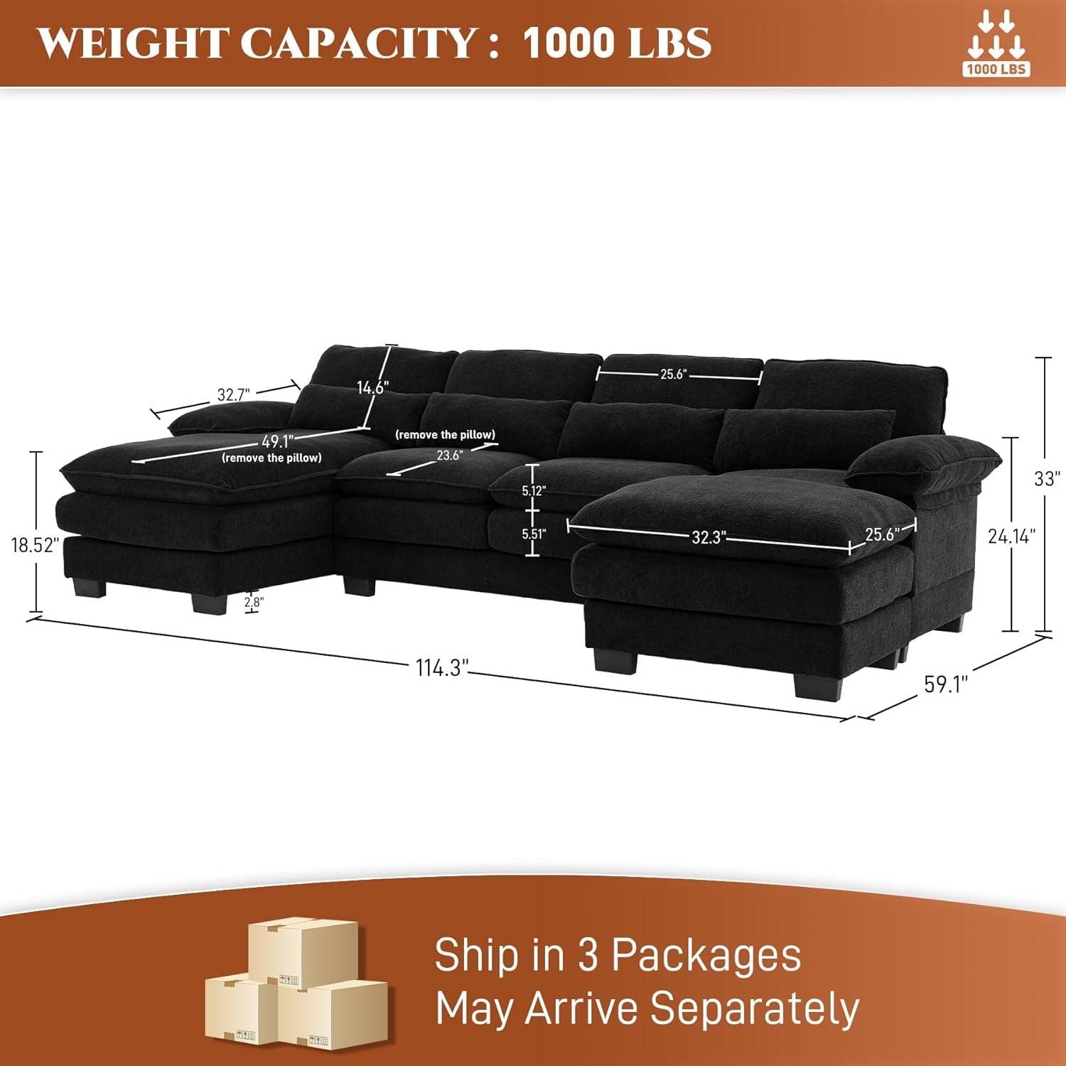 Cozy U Shape Sectional Sofa with Lounge Chaise - Loft&Timber