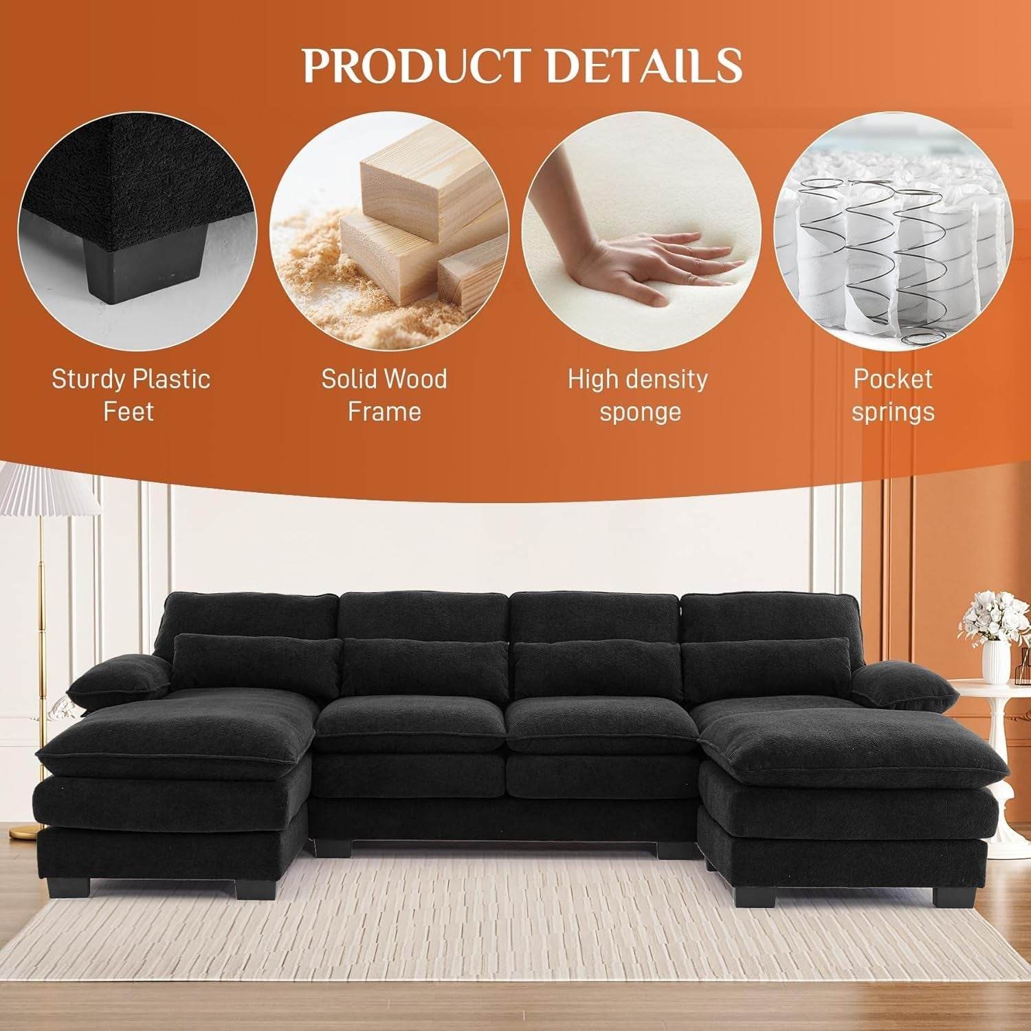 Cozy U Shape Sectional Sofa with Lounge Chaise - Loft&Timber