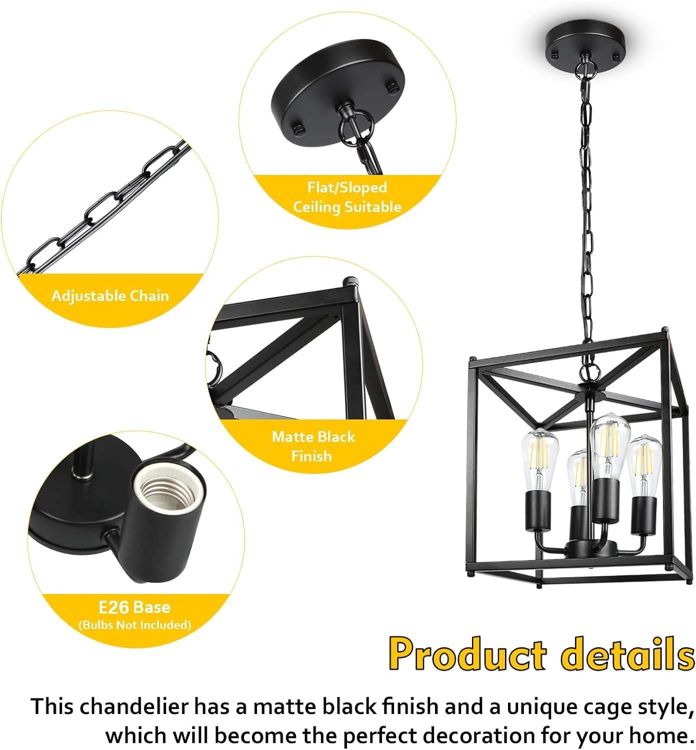 4-Light Black Farmhouse Chandelier, Iron Lantern Pendant Light Rustic Cage Adjustable Height, E26 Base Industrial Hanging Lights for Kitchen Island Dining Room Hallway Foyer Entryway - Loft&Timber