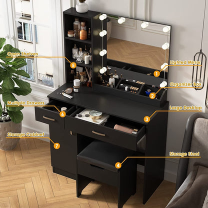 Makeup Vanity Desk with Lighted Mirror, 2 Drawers, Cabinet (Black)-2