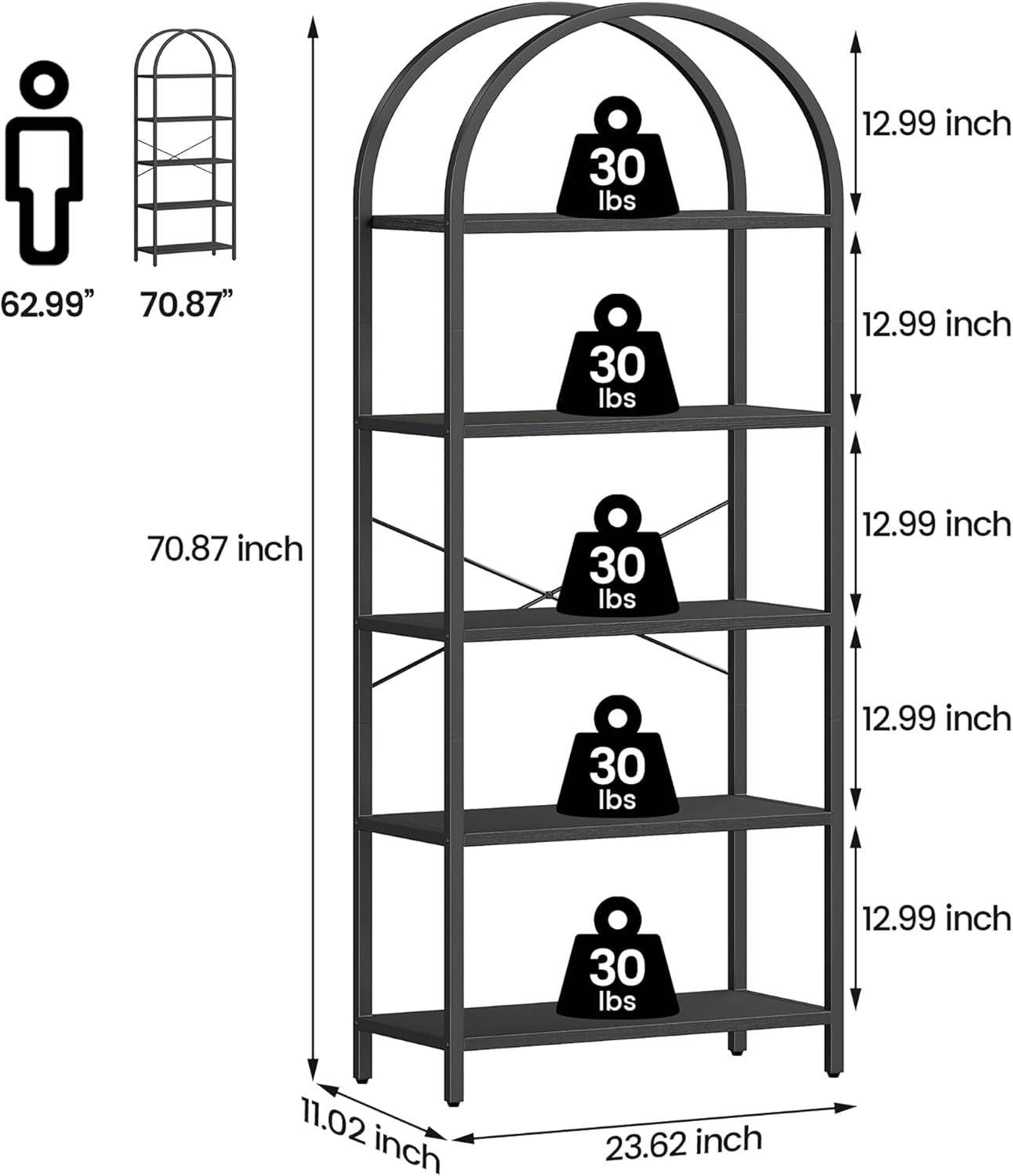 Tall Black Arched Bookcase with 5 Open Shelves - Loft&Timber