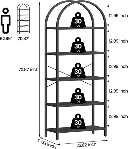 Tall Black Arched Bookcase with 5 Open Shelves - Loft&Timber