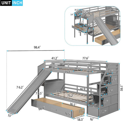 Twin over Twin Bunk Bed with Stairs, Slide, Desk, Solid Wood Bunk Bed with Storage Drawers and Shelves, for Kids Teens Adults (Gray) - Loft&Timber