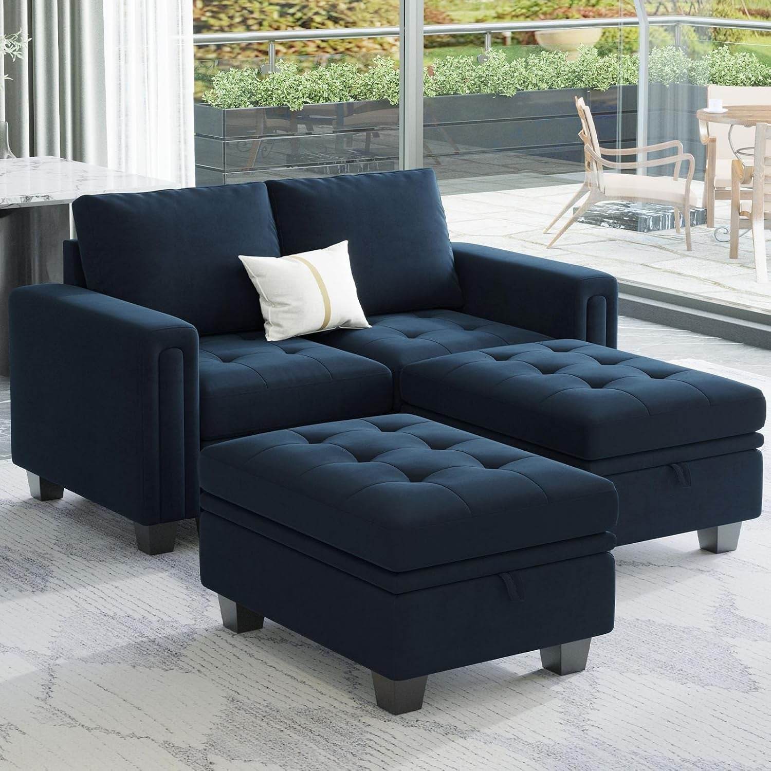 Velvet Modular Sectional Sofa Couch with Storage Convertible Sectional Sleeper Sofa Couch Bed Set with Reversible Chaise Blue - Loft&Timber