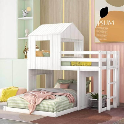 House Bunk Beds, Twin over Full Bunk Bed Wood Playhouse Bunkbed Low Bed Frame for Kids Toddlers Girls/Boys, White - Loft&Timber